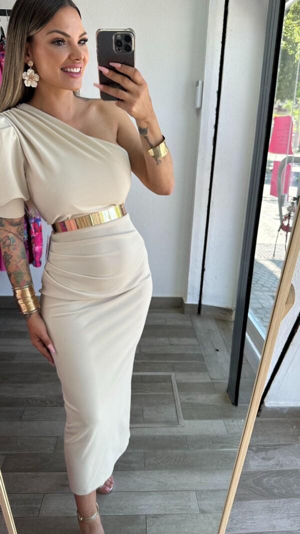 VESTIDO AGATA BEIGE MANGA CORTA