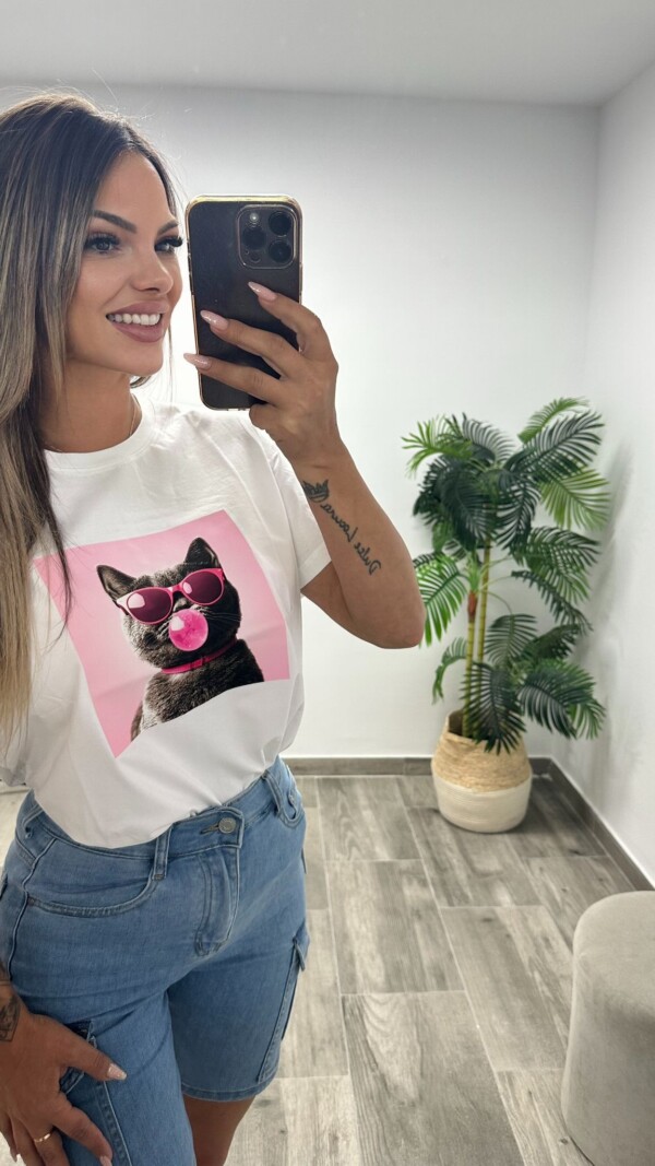 CAMISETA GATO ROSA